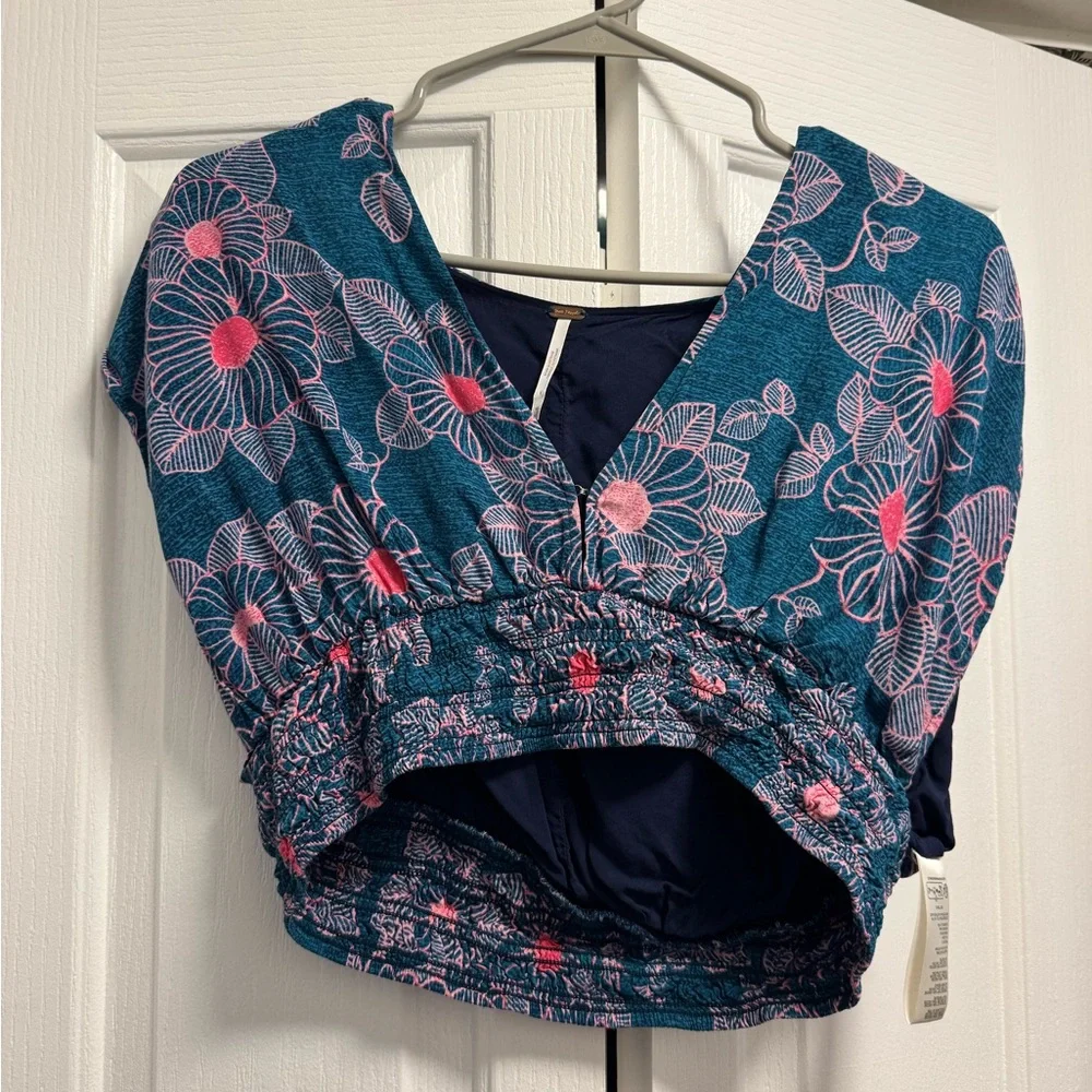 Free People Teal and Pink Floral Crop Top - Picture 4 of 5
